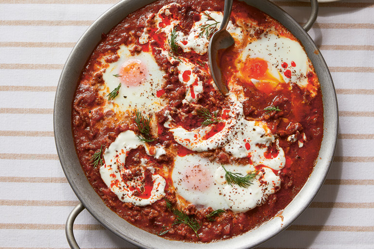 Harissa keema shakshuka with naan soldiers