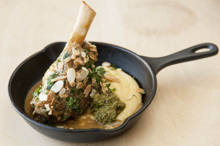 Welsh Lamb shank with soft polenta and Persian lime pesto