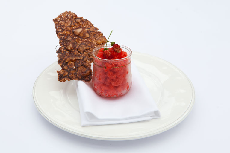 English strawberry granita with arabesque wafer