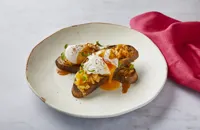 Poached egg, kimchi and almond butter on sourdough toast