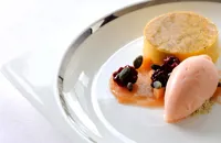 Bavarois of butternut squash with quince sorbet and poached blackberries