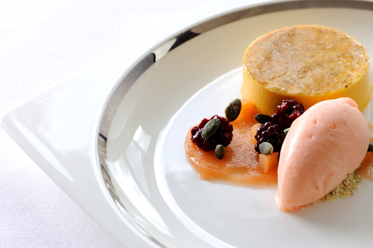 Bavarois of butternut squash with quince sorbet and poached blackberries