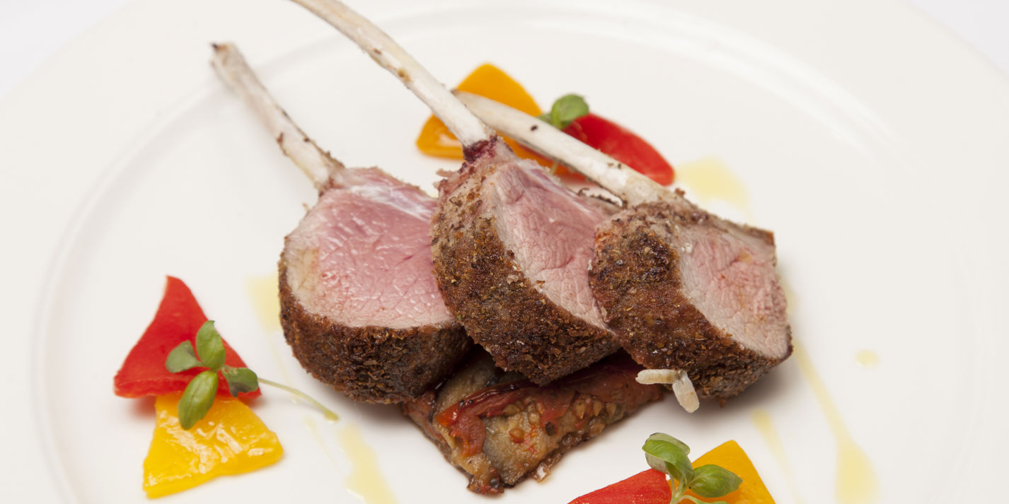Rack of lamb with shony seaweed crust, aubergine byaldi and confit peppers-image