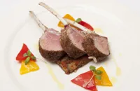 Rack of lamb with shony seaweed crust, aubergine byaldi and confit peppers