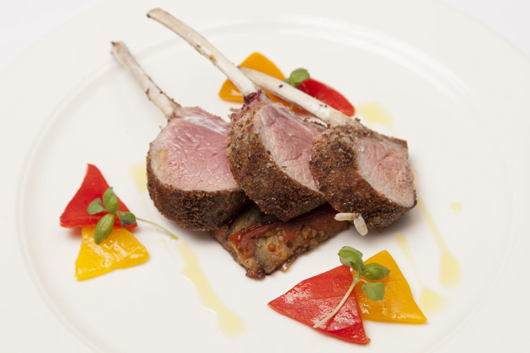Rack of lamb with shony seaweed crust, aubergine byaldi and confit peppers