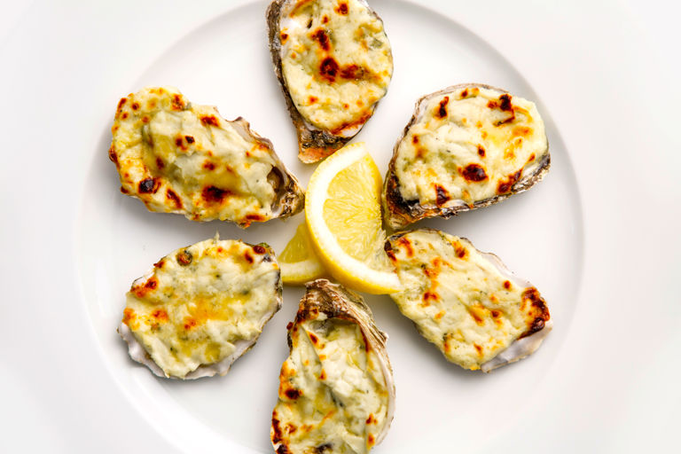 Oysters with laverbread and Stilton