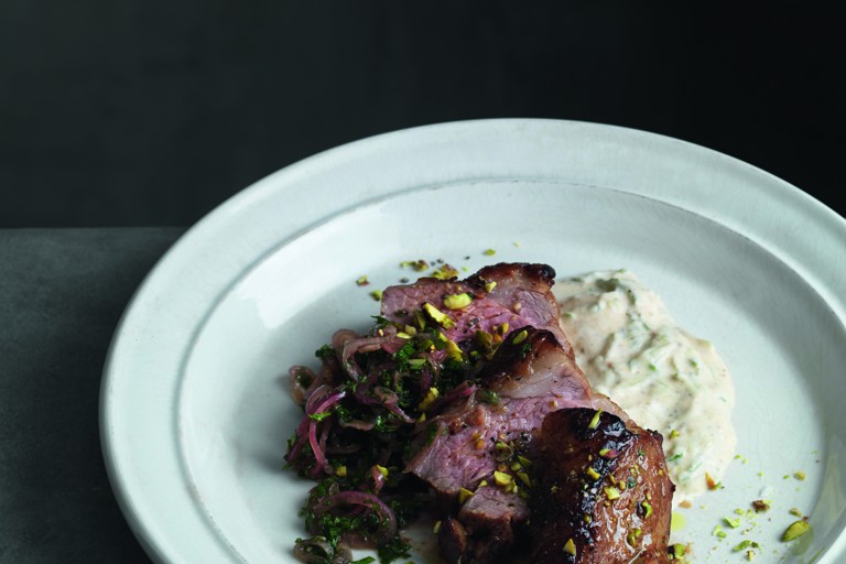 Harissa-marinated lamb with mint chutney, pistachios and yoghurt dressing
