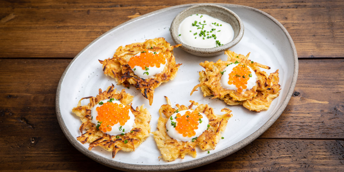 Parsnip Latkes with Sour Cream and Trout Roe Recipe - Great British Chefs