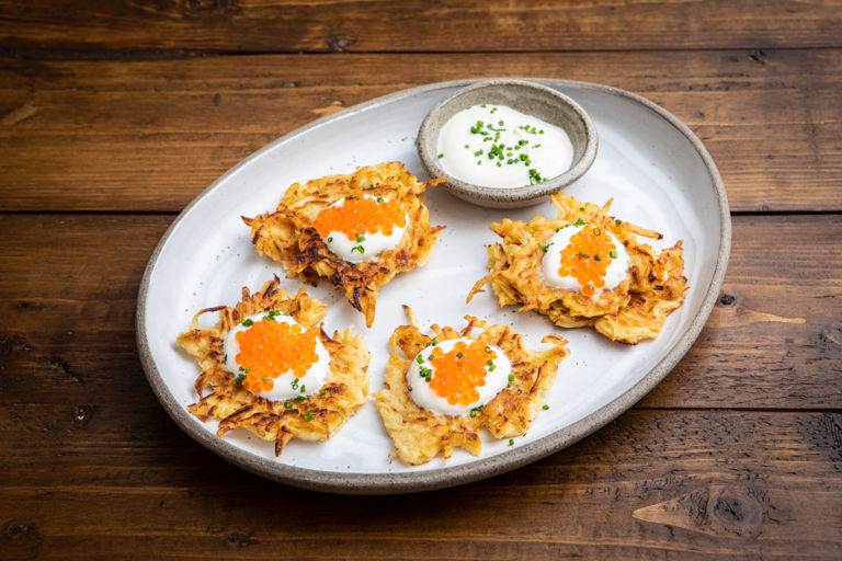 Parsnip latkes with sour cream and trout roe