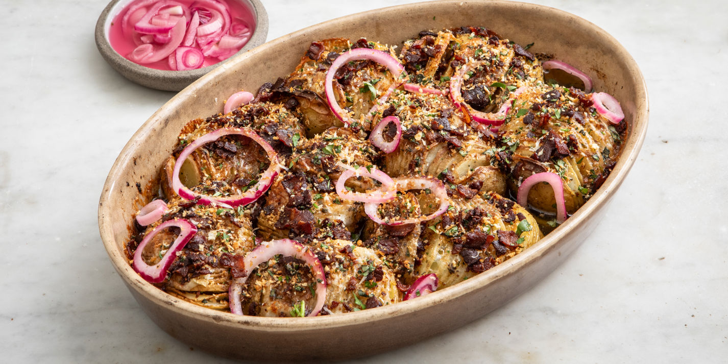 The Crispiest Hasselback Roasted Potatoes with Taleggio and Scotch Bonnet Gravy Recipe - Great British Chefs