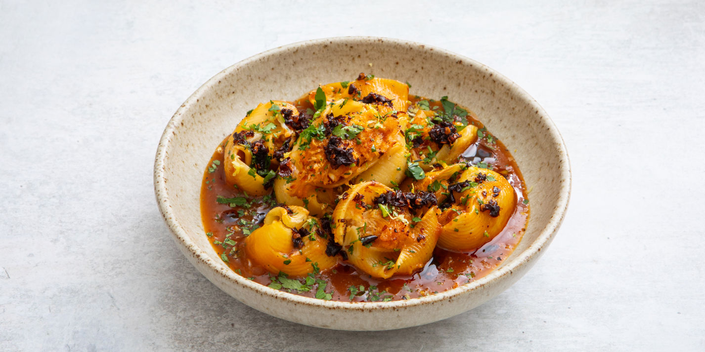 Crab-Stuffed Lumaconi with Saffron Bisque Recipe - Great British Chefs