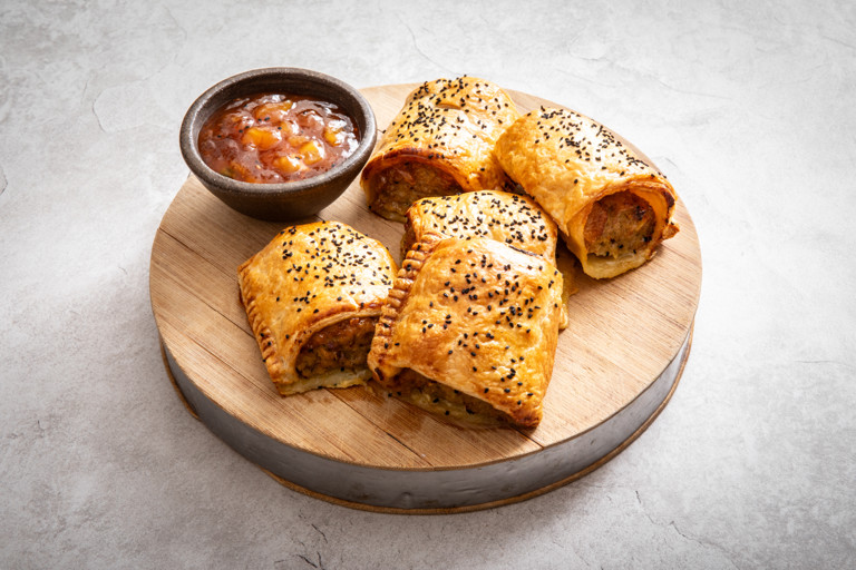 Goan-inspired sausage rolls with mango chutney
