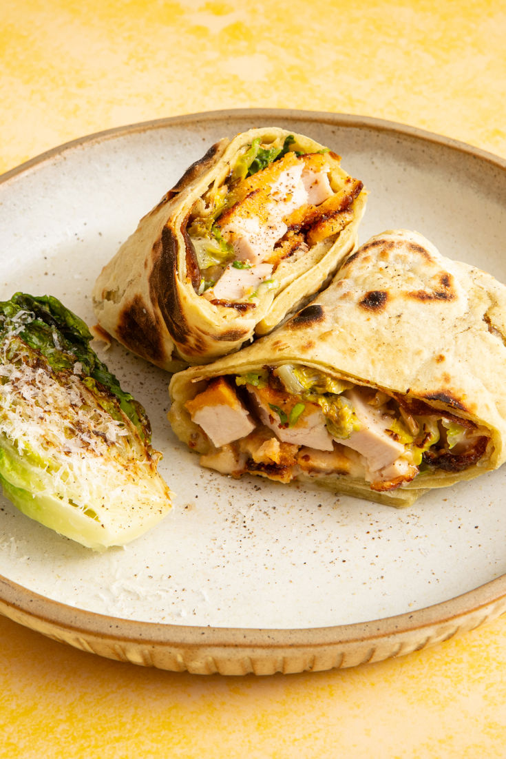 Charred Baby Gem Chicken Schnitzel Caesar Wrap Recipe Great British Chefs