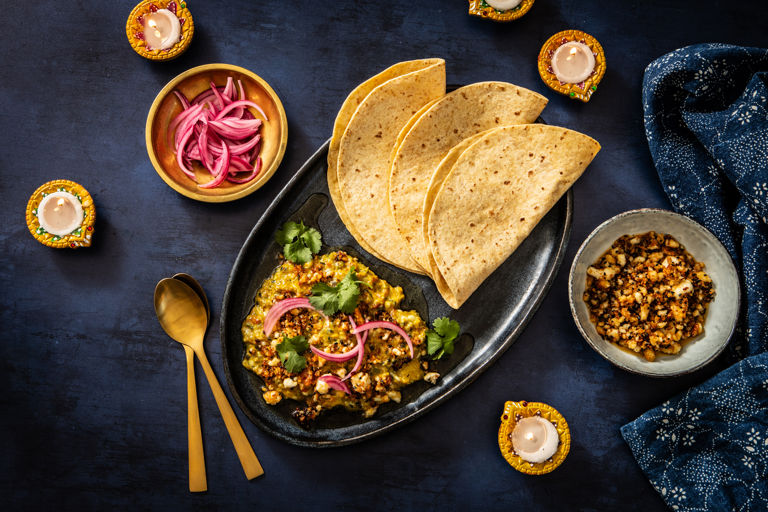 Egg bhurji with crispy brown butter paneer and pink pickled onions