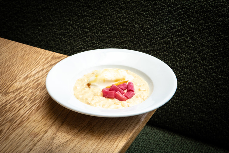 Rice pudding, rice sorbet and rhubarb