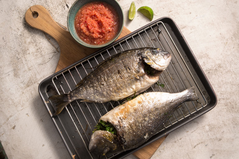 BBQ grilled fish with homemade chilli and lime dip