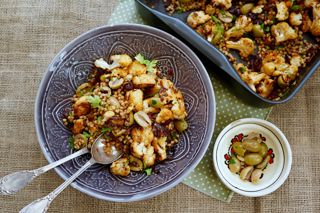 Fregola salad with roast spiced cauliflower, saffron, dates and olives