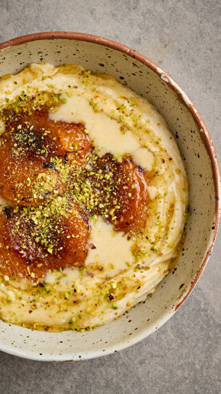 Caramelised apricots with tahini cream and pistachio crumb recipe reel