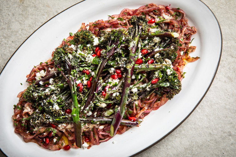 Tenderstem® Purple Broccoli and sumac onion salad with tahini dressing