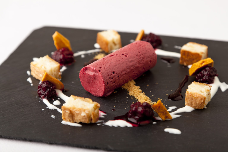 Blackberry parfait, honeycomb and apple sponge