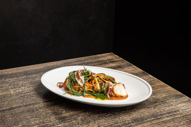 Monkfish ‘char siu’ with jamón Iberico, smoked mushrooms and agretti