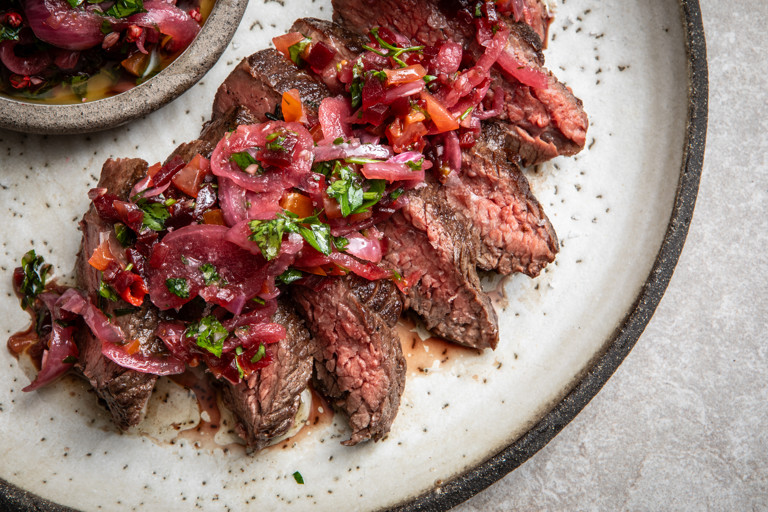 Denver steak with pink onion salsa