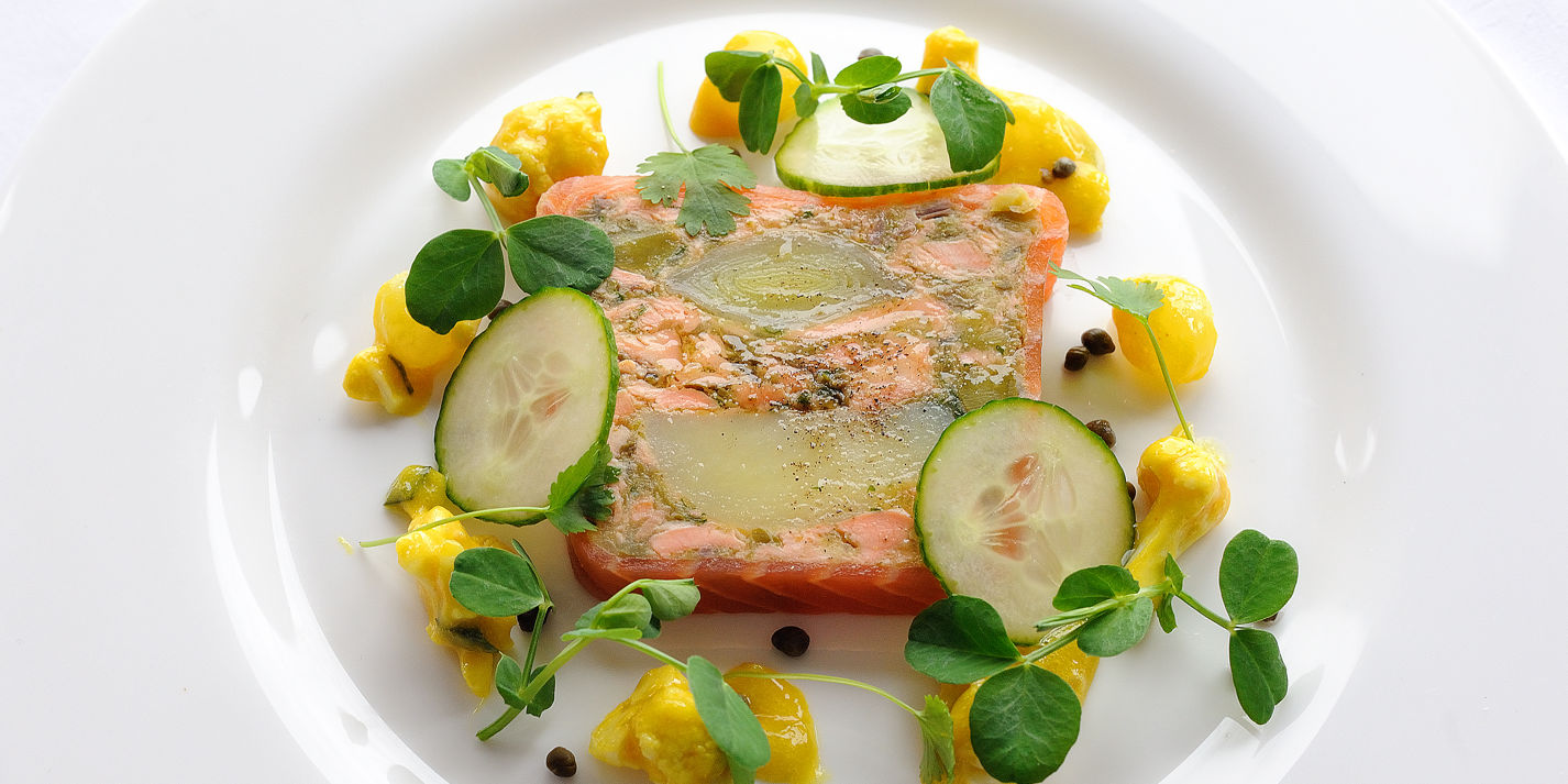 Smoked salmon terrine with leeks and confit potatoes