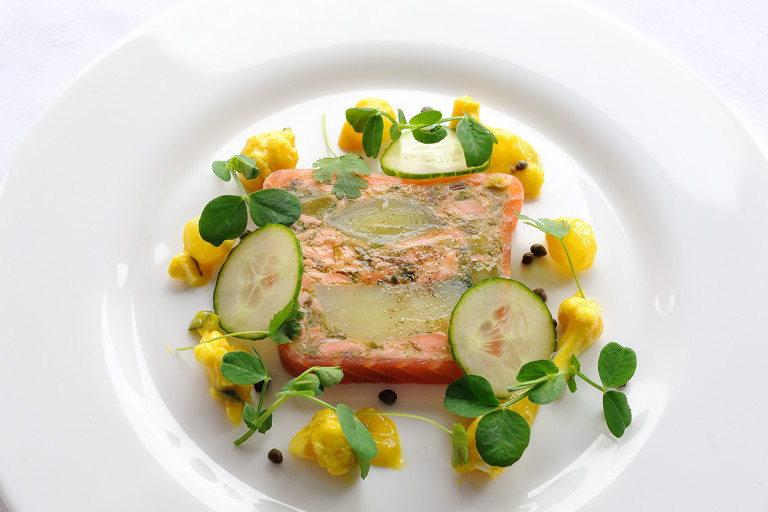 Smoked salmon terrine with leeks and confit potatoes