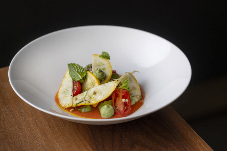 English tomato with red pepper dressing, courgette, basil and ricotta purée