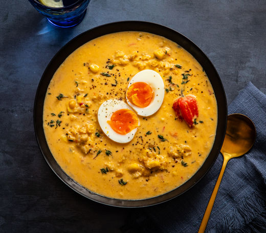 Curried sweetcorn and Scotch bonnet split pea soup