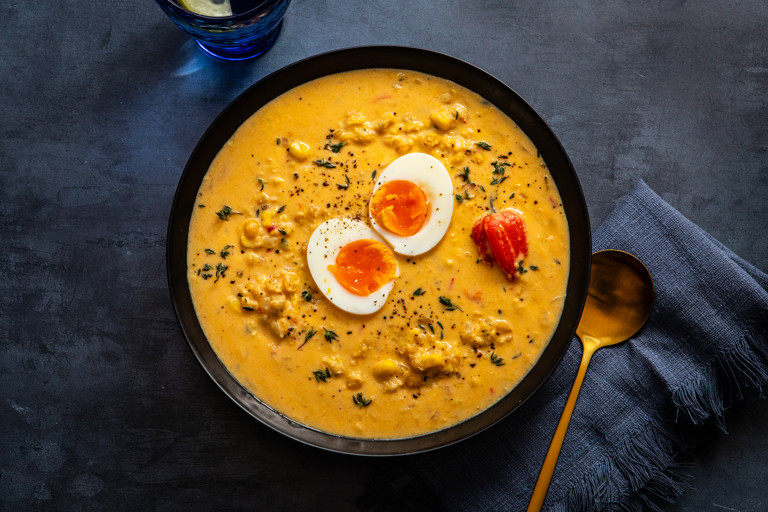 Curried sweetcorn and Scotch bonnet split pea soup