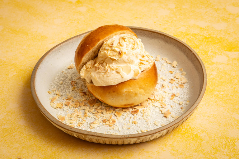 Frangipane ice cream sandwich with honey butter brioche