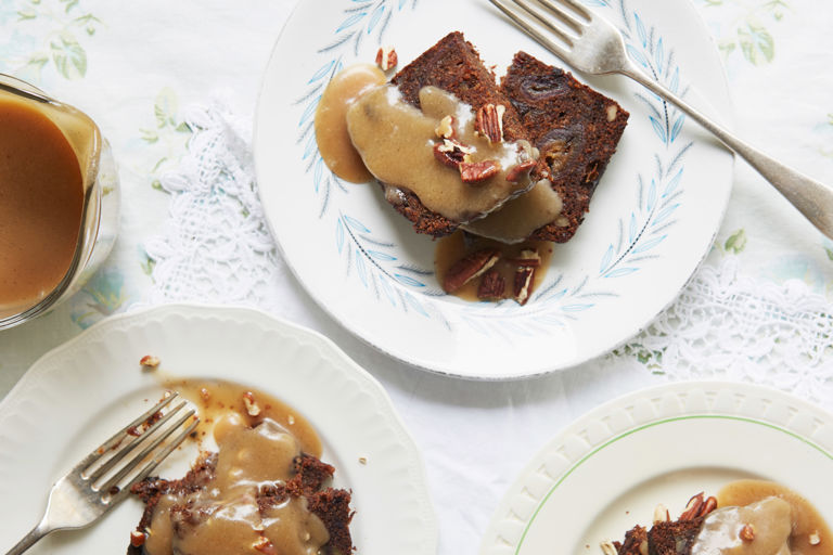 Baked banana, date and pecan loaf with spiced caramel sauce