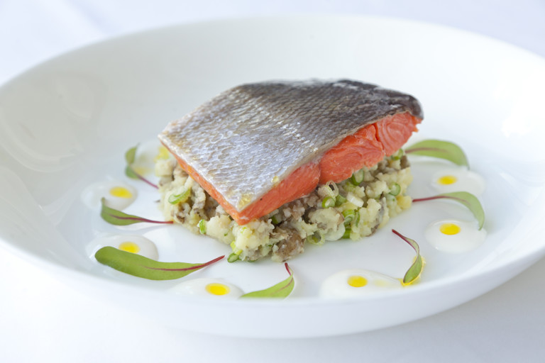 Confit Alaska salmon with crushed horseradish Jersey Royal new potatoes