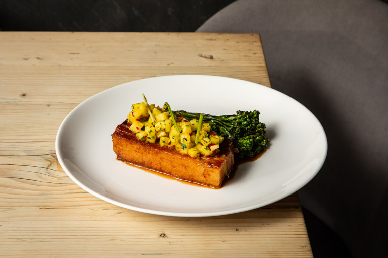 Braised pork belly, chilli-pickled pineapple and Tenderstem broccoli