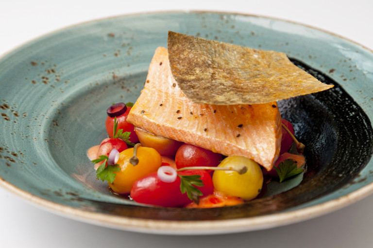 Alaska salmon with cherry tomato salad