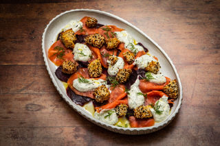 Smoked salmon and roasted beetroot with dill-tahini sauce and seeded croutons