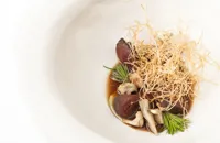 Duck hearts with mushroom floss and spiced broth