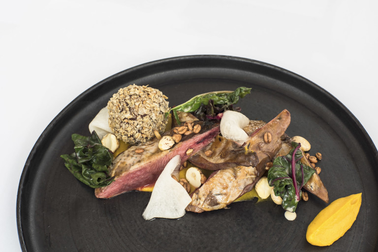 Pine-scented grouse with cobnuts, haggis, neeps 'n' tatties