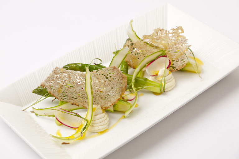 Asparagus with smoked cod brandade, radish, burnt butter