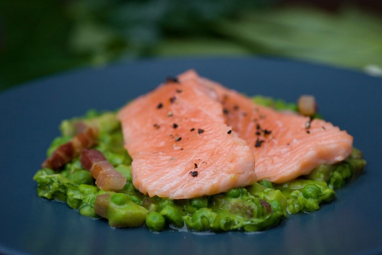Confit of wild salmon with peas à la Française