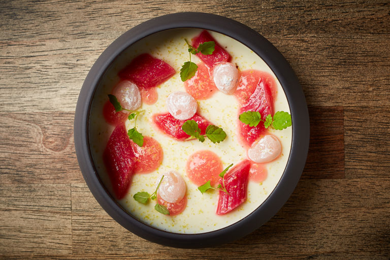 Yoghurt mousse with rhubarb and Turkish delight