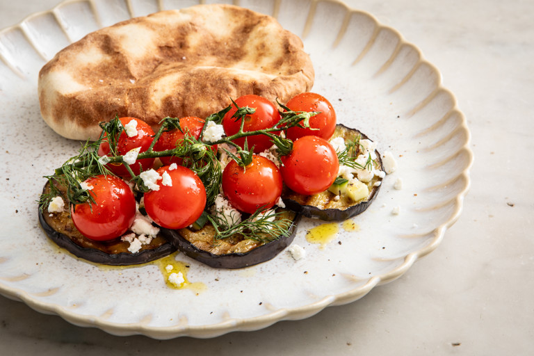 Pickled tomatoes with grilled aubergines, feta and cucumber