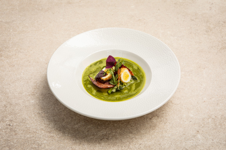 Asparagus, crispy quail egg, smoked bacon, sorrel broth