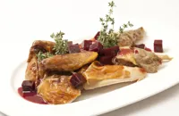 Roasted guinea fowl with beetroot, ginger and thyme