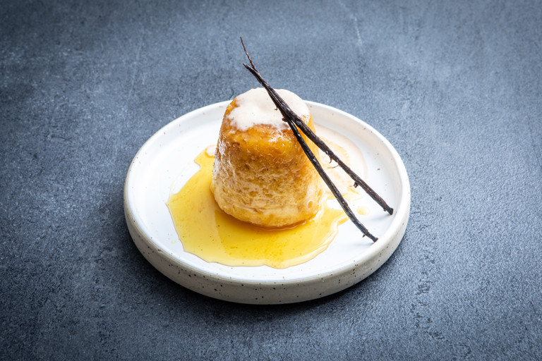 Steamed syrup pudding with vanilla and cardamom custard