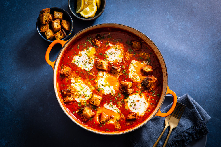 Bloody Mary eggs with celery salt croutons and pickled mustard seeds