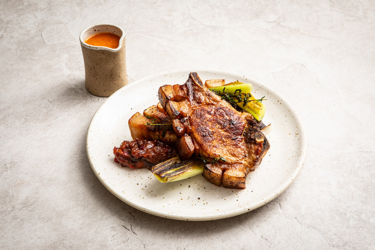 Pork chops and burnt leeks with rhubarb chutney