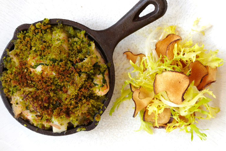 Wild rabbit, langoustine and Jerusalem artichoke crumble with wild garlic crust