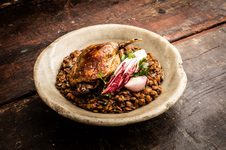 Confit duck with lentils and mustard-pickled vegetables 